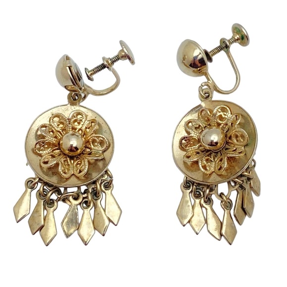 Vintage Floral Filigree Dangle Screw-Back Earrings Gold-Tone - Picture 4 of 9
